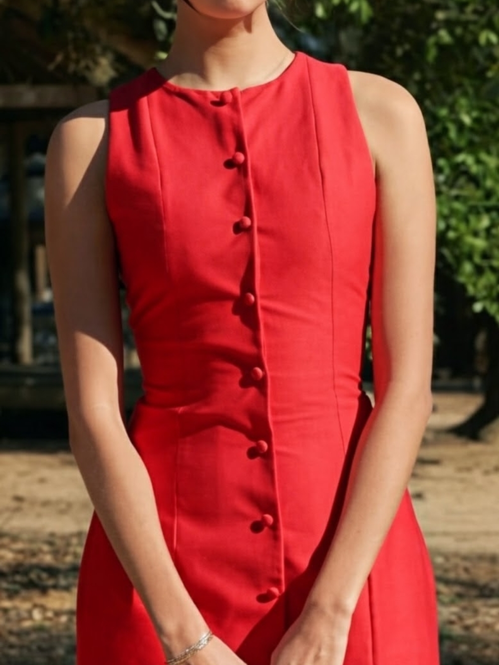 NWT COMMENSE Elegant Red Sleeveless Button-Front Dress